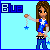 Pixel art of a character with long brown hair holding a blue star on a string, standing against light blue background with 'Blue' text in dark blue block letters.