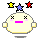 Six pixelated cartoon heads with pink mouths and X eyes, each topped by three stars in yellow, blue, red configurations.