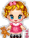 Pixelated doll avatar with curly blonde hair, pink bow, blue eyes, pink dress, black shoes, holding brown teddy bear, gray background.