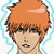 Pixelated anime-style character with orange spiky hair and light skin, shown in three variations against a white background with blue wavy lines.