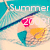 Pixelated beach scene with a person lying on sand, holding a pink object, under a blue sky with 'Summer' text.