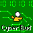 Green background with pixelated '10' and '0' sequences, yellow figure with white head, green circuit-like lines, and 'Cyber Bud' text in white outline font.