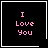 Four black square with white borders display pink text reading "I Love You" and two small pixelated symbols in the bottom-right corners