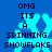 Blue background with cyan snowflake icons and black text reading "OMG ITS A SPINNING SNOWFLAKE" in pixelated font.