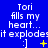 Blue background with white text reading "Tori fills my heart... it explodes" and a smiling face icon, featuring animated yellow star-like elements that change position across frames.