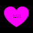Four identical pink heart shapes with the word 'will' in black pixelated text centered inside each heart against a black background.