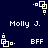 Pixelated white icon with square and dot elements on dark blue background, paired with text labels "Molly J." and "BFF" in