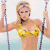 A pixelated image of a woman in a yellow bikini holding two poles, next to green text reading 'Original Icons .com' on a dark background.