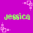 A static image with a bright purple background featuring repeated green text 'jessica' and pink square patterns.