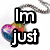 A four- shows a heart-shaped pendant, text reading "Im just being me," and a colorful pixelated explosion with three 'd' characters