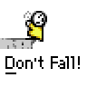 A 4-frame animated contact sheet showing a yellow stick figure with a soccer ball head performing different poses on a gray background, each frame paired with the text "Don't Fall!".