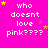 A bright pink background displays repeated text 'who doesnt love pink????' with yellow and pink stars, some of which change position across frames.
