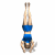 A woman in a blue outfit performs handstand variations , transitioning from legs together to wide splits and intermediate poses against white background