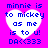 Pixelated heart-shaped icon with blue text on bright pink background, displaying 'minnie is to mickey as me is to u! DA<<333' in four identical