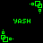 Green pixelated icon with 'YASH' text and four square-based shapes rotating clockwise on black background.