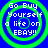 Four identical pixelated circles with green rings and blue centers display white text reading "Go Buy Yourself a life on EBAY!!".