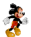Pixelated Mickey Mouse character in red shorts, black shirt, yellow shoes, and white gloves performing a running animation