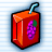 Pixelated red juice box with orange top, blue straw, and purple grape cluster on front against light blue striped background.