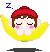 Pixel art character with closed eyes, pink cheeks, and red cap resting in yellow banana, with blue text above changing from 'Z.' to 'Z..'
