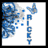 Blue and gray pixelated abstract shapes with a vertical 'RICKY' text on white background, featuring a small butterfly icon above the text.
