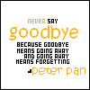Static image of text on white background with orange and black lettering, featuring 'NEVER SAY goodbye' and 'peter pan' in distinct fonts.