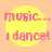 Four identical yellow circular icons with pink text reading 'music... I dance!' on a peach background.