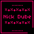 Four identical pixel art with black backgrounds, pink borders, and pink text reading "Nick Dube" surrounded by pink X and + symbols, with one containing a pink heart symbol