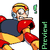 Pixel art character with blonde hair, red helmet, blue shoulder armor, and yellow torso in dynamic pose against gray background.