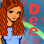 Pixelated image of a woman with long red hair wearing a light blue top and black necklace, standing against a blue background with red text 'Dee' on the right.