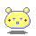Pixelated yellow character with rounded ears and red cross eyes, displaying four distinct facial expressions