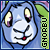 Pixelated blue creature with large yellow eyes, black pupils, purple eyelids, and a red nose on white face; green vertical text 'GNOB' appears right side.