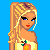 Animated contact sheet of a pixel-art character in summer attire with repeated text and starburst patterns on blue/orange background.