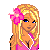 Pixel art contact sheet showing three frames of a beach-themed animated buddy icon with a blonde woman in pink swimwear and text reading "The I Love Beach".