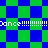 Pixelated green and blue checkered background with repeated 'Dance' text in white, each followed by multiple exclamation marks.
