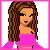 Pixelated avatar shows a woman with long brown hair, pink crop top, black skirt with silver belt and pink buckle, and black thigh-high boots