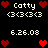 Pixel art display of 'Catty' text with heart symbols and date stamps on black background, showing two distinct states.