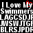 Pixelated text displays 'I Love My Swimmers' with a red heart replacing the 'o' in 'My', repeated across on black background