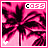 Pixelated palm tree with pink background, white heart icon at bottom left, and 'COSS' text in top right corner.