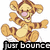 Pixelated cartoon tiger with orange-brown stripes, yellow belly, pink nose, and open mouth in mid-jump pose against white background.