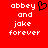 Red background with white pixelated text reading 'abbey and jake forever' on both sides, a black heart symbol between the two text blocks.