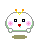 A 4-frame pixel art animation of a white round cartoon character with pink cheeks, black square eyes, red mouth, blue drool, and orange/yellow antennae on a gray background.