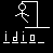 Pixel-art stick figure exits door with text variations including 'idio', 'T idio', 'no idio', 'not idio', 'pie idio', 'Umm...', 'Pie', 'no! idio', and 'Idiot!' on black background.