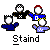 Animated sequence showing a group of stylized figures in blue and white clothing with red hair, transitioning through various poses and disintegrating into pixelated fragments against a gray background.