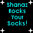Pixelated cyan text "Shanae Rocks Your Socks!" on black background with white stars, two identical copies arranged in a