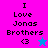 Four pixelated display "I Love Jonas Brothers" text with emoticons; top-left and bottom-right have pink backgrounds, top-right and bottom-left have purple backgrounds