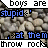 Pixelated image with rocky background and repeated text overlays showing 'boys are stupid', 'at them', and 'throw rocks' in blue and black fonts.