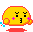 Four pixelated yellow characters with red outlines and pink blush marks, each in a distinct pose against gray background.