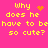 Yellow pixelated text on bright pink background reads "Why does he have to be so cute?" with four variations of orange heart and starburst symbols.