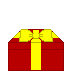 Red gift box with yellow ribbon and bow, opening to reveal a gray cat peeking out from inside.