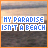 Animated sequence of text over a beach background with changing letter colors and small heart symbols.